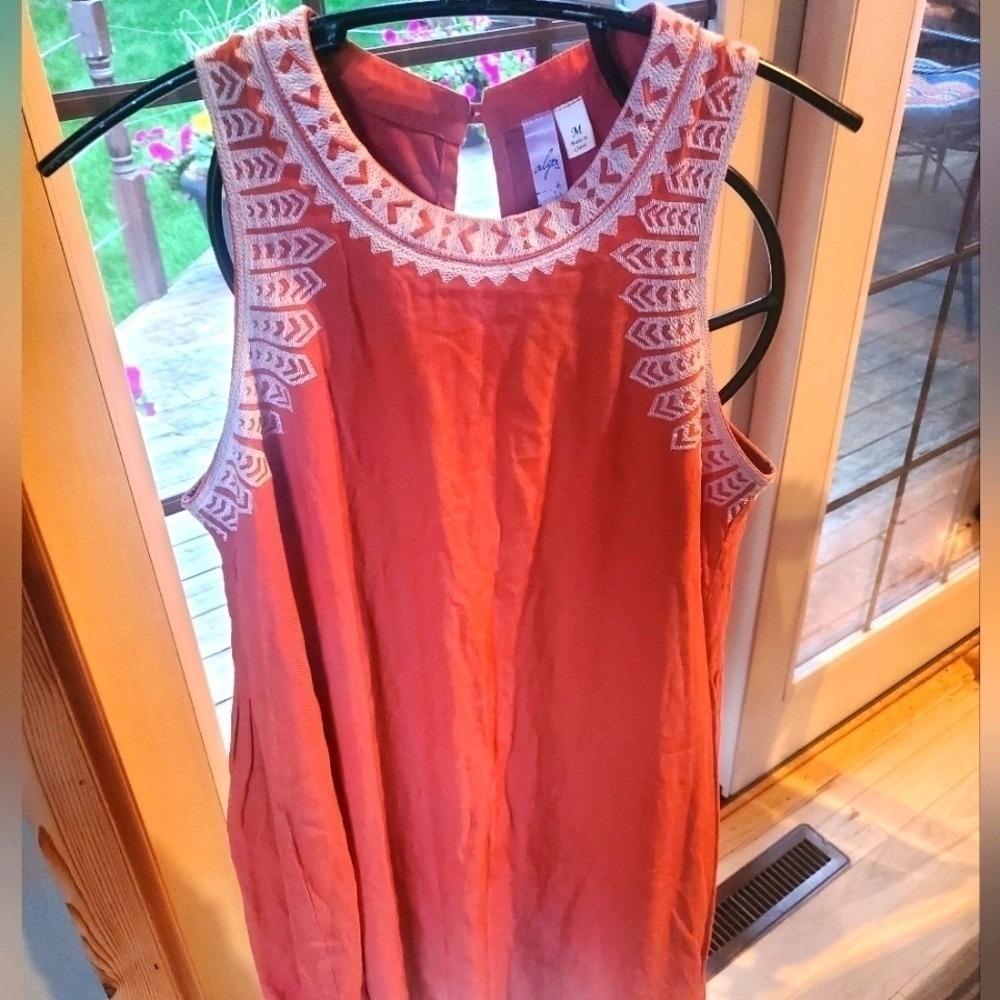 Aliya Womens Burnt Orange Embroidered Sleeveless Shift Mini Dress Size M
